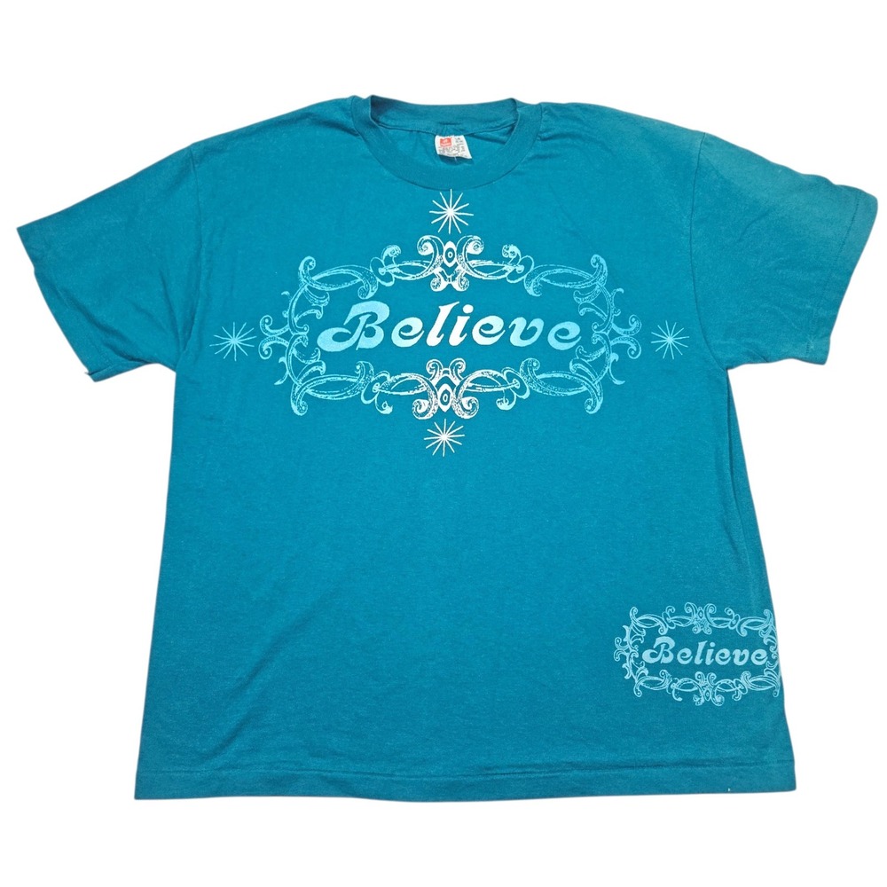 VTG 90s Hanes Believe Graphic T-Shirt Single Stitch Teal Blue Sz L